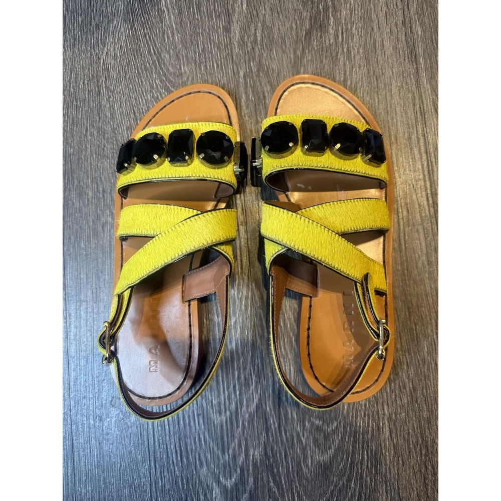Marni Jeweled Calf-Hair Flat Slingback Sandal In Yellow Size 38